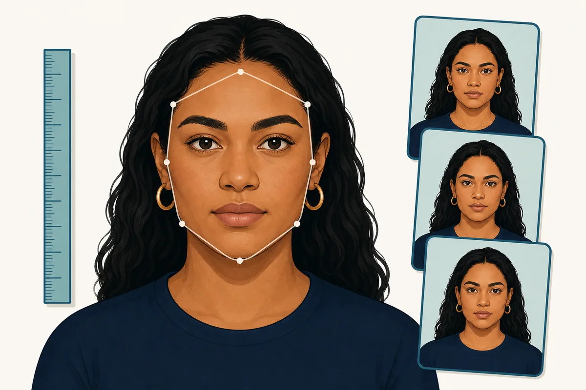 Editorial illustration of a face outline, measurement ruler, and repeated portrait checks