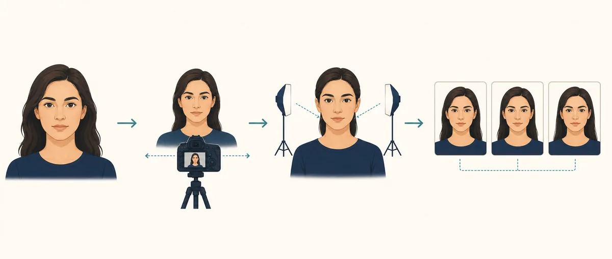 Editorial sequence showing consistent camera distance, even light, and three repeated portraits