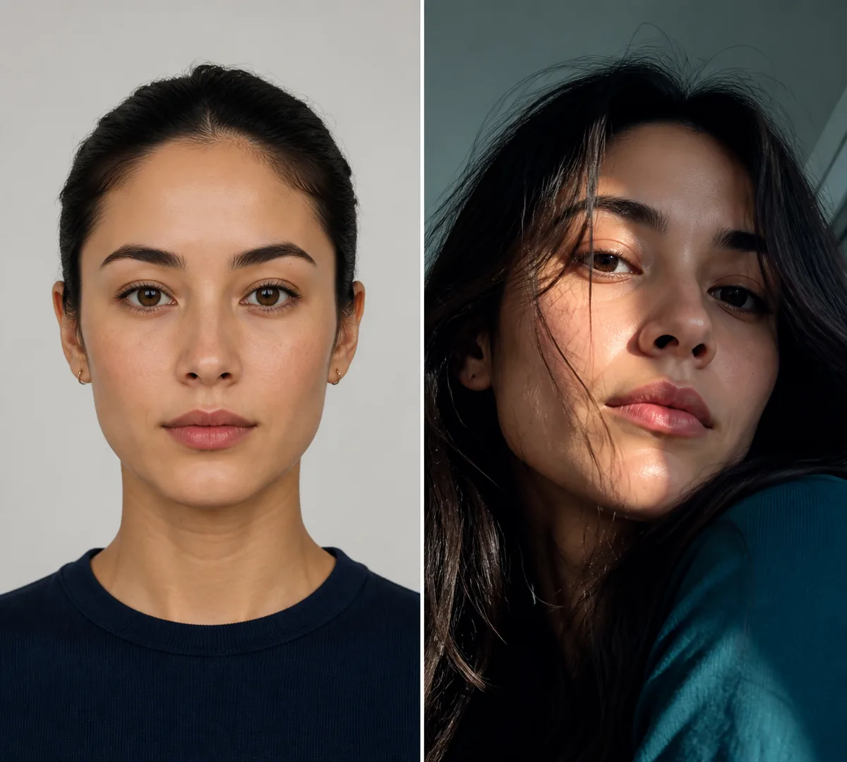 Comparison of a clear front-facing portrait and a distorted close selfie