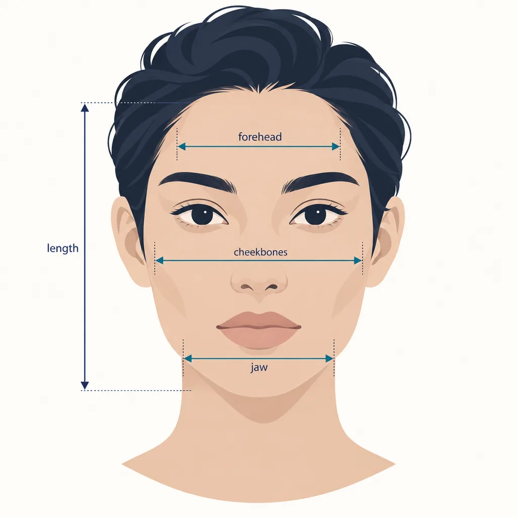 Face-shape measurement diagram showing face length, forehead, cheekbone, and jaw width