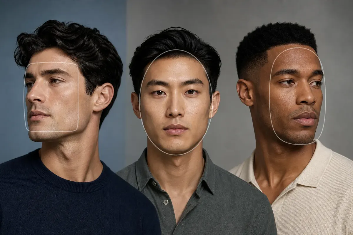 Three men with different face proportions and subtle face-shape outlines