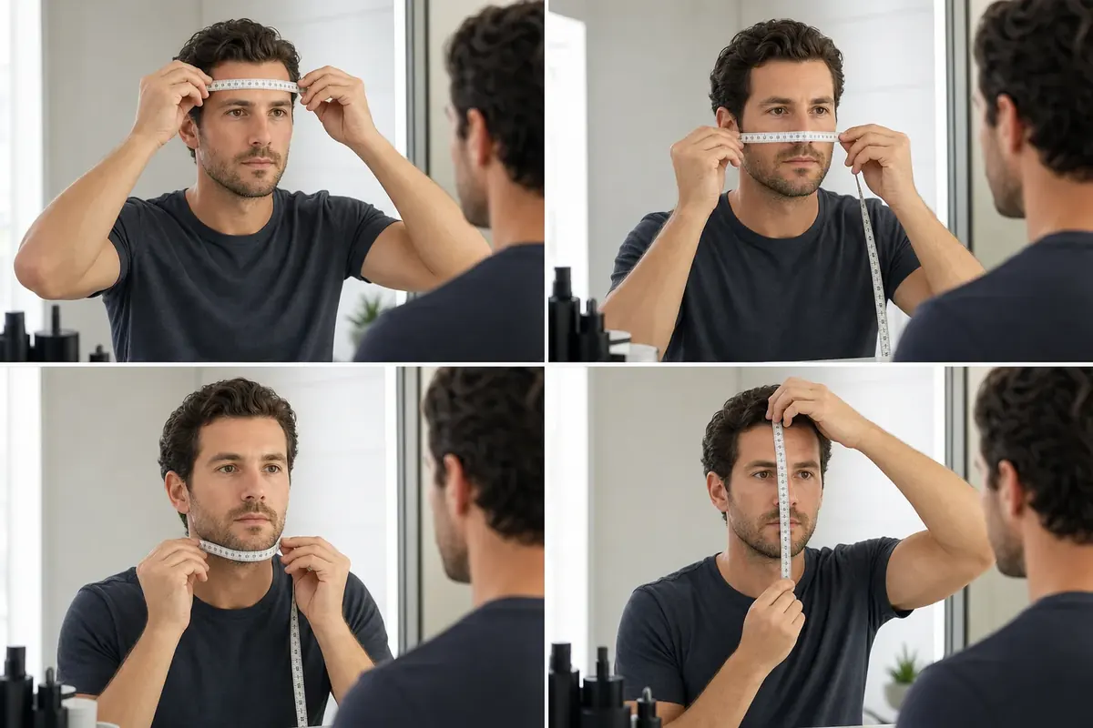 A man measuring forehead, cheekbone, jawline, and face length with a soft tape