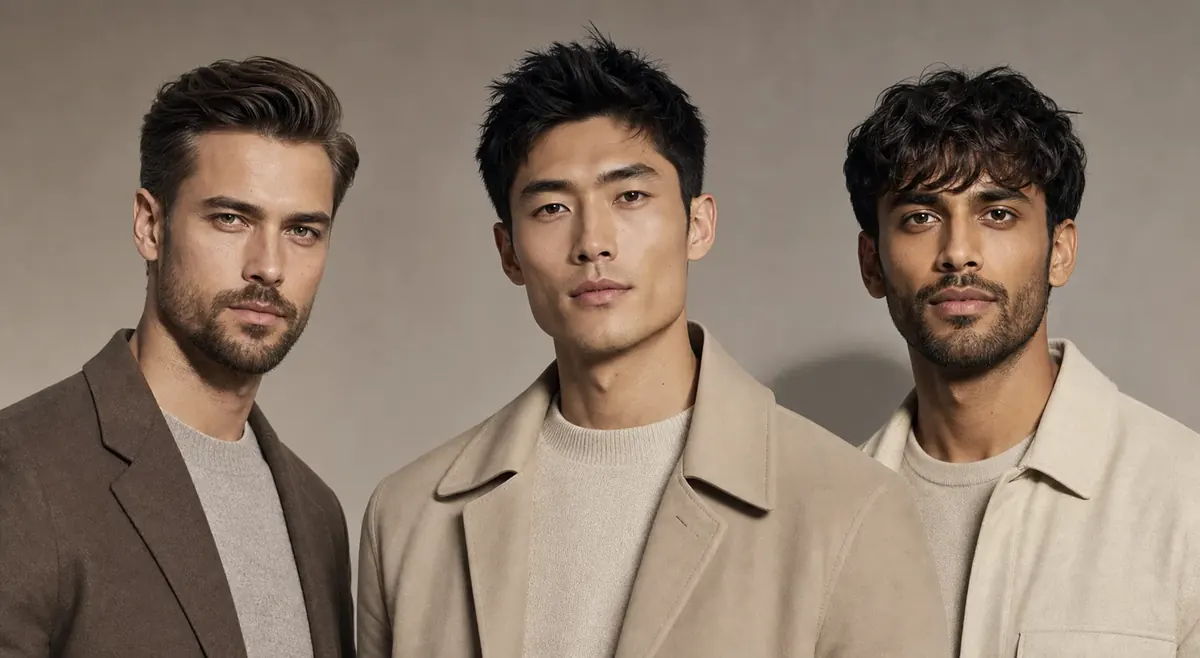 Three men showing different hairstyle and beard balance directions