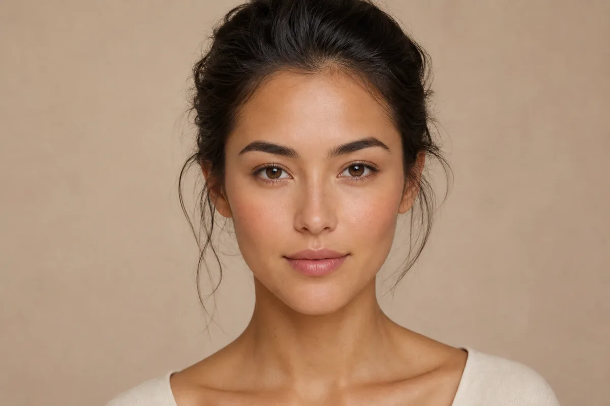 Front-facing portrait showing the wider forehead and narrower chin pattern of a heart face shape