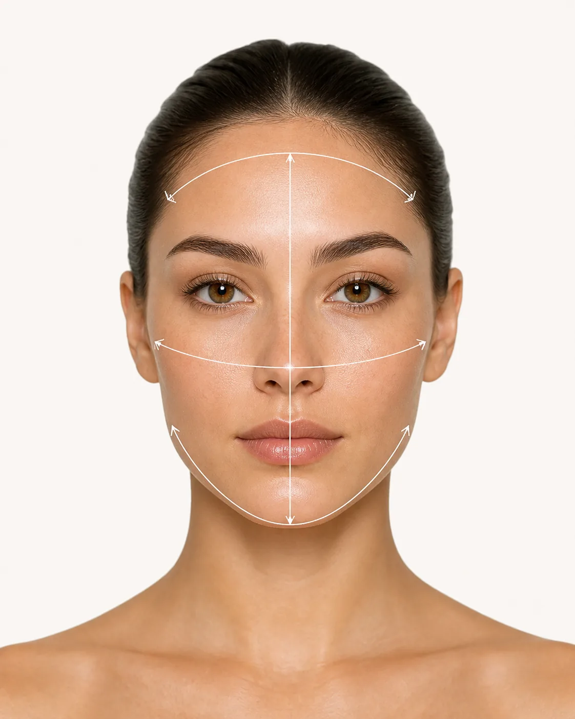 Front-facing portrait with subtle lines showing face-shape measurement points