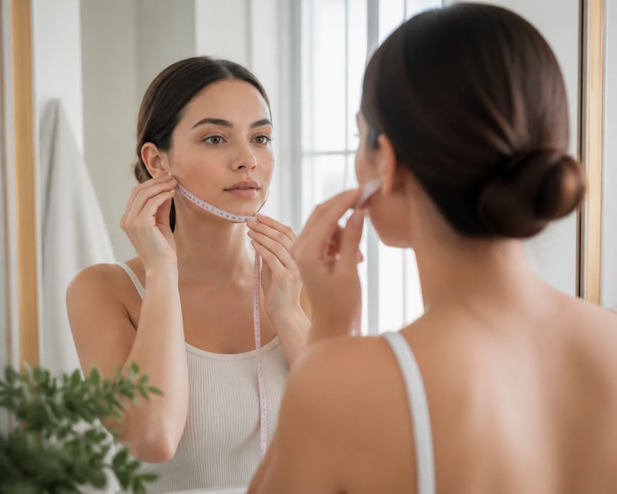 Person using a soft tape measure to check the jawline in a mirror