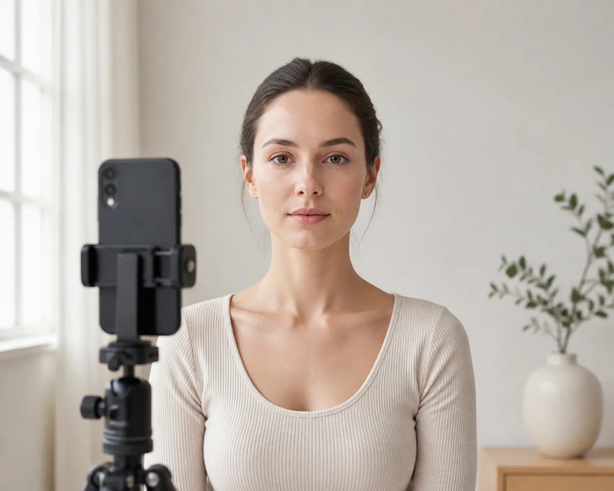 Person taking an eye-level front-facing photo with hair away from the face