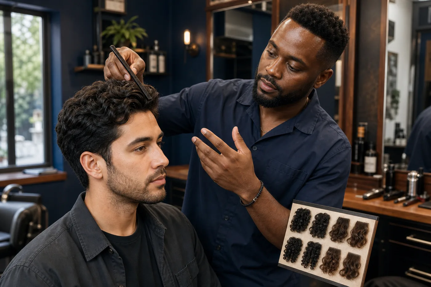 Barber discussing curl pattern and side volume for an oblong face haircut
