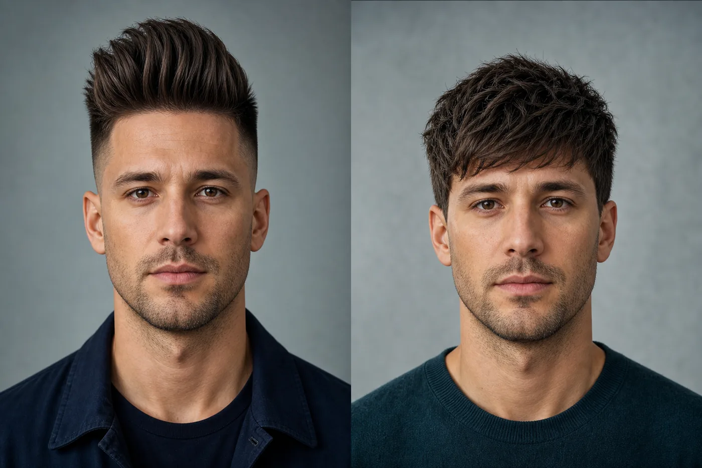 Side-by-side comparison of tall hair and balanced textured fringe on an oblong male face