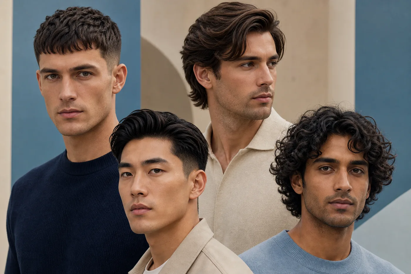 Four men demonstrating balanced hairstyles for oblong face shapes