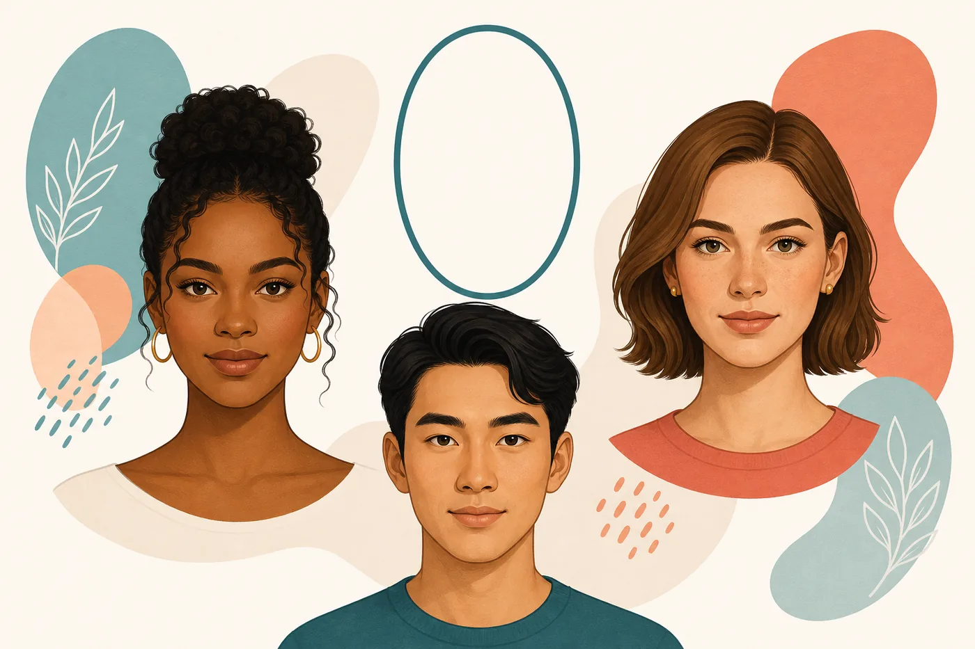 Editorial illustration of diverse adults with balanced oval face shapes