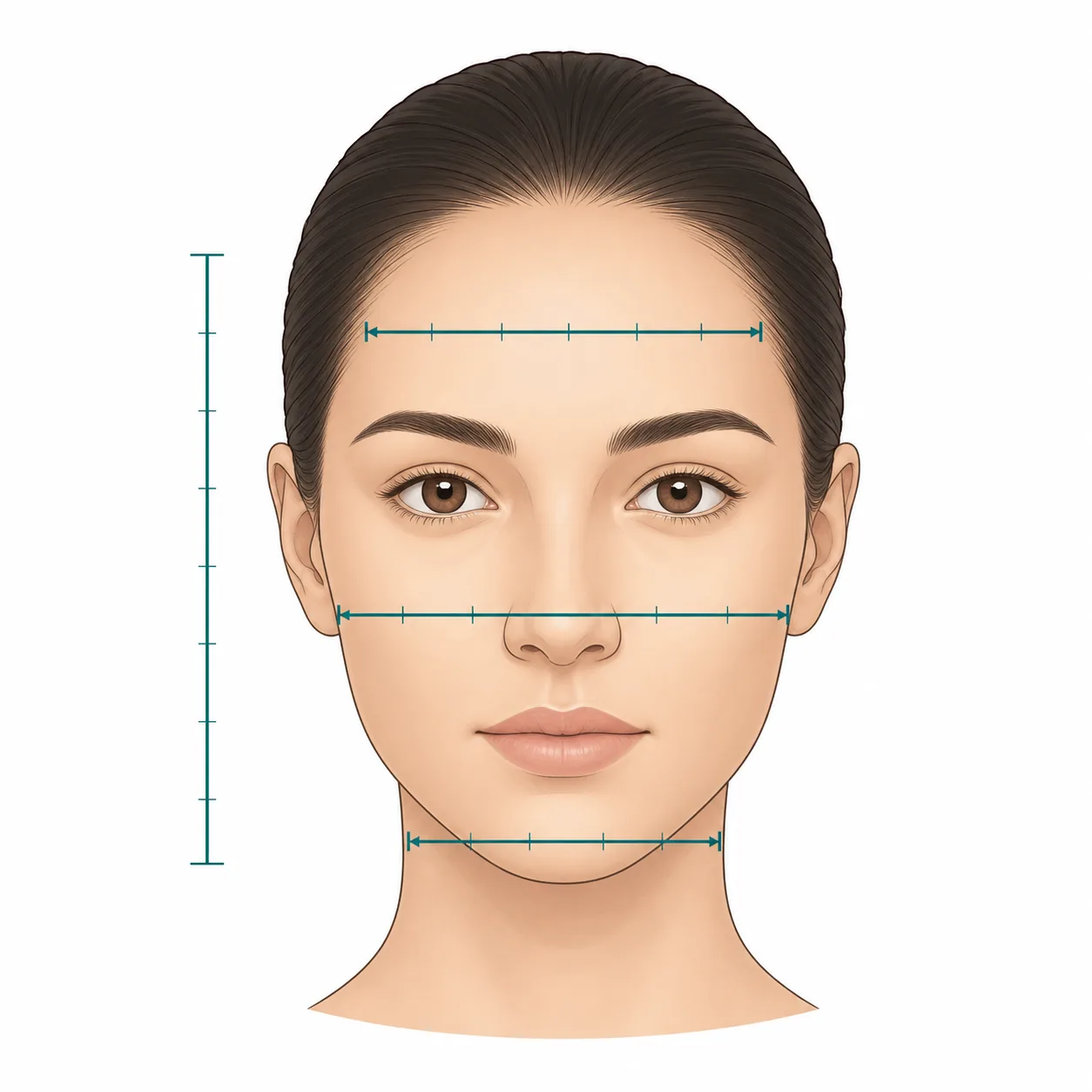 Front-facing oval face diagram showing face length, forehead, cheekbone, and jaw measurements