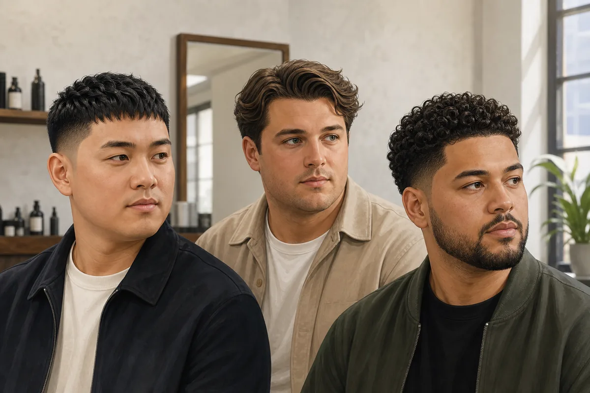 Three men with round face shapes showing textured crop, wavy side part, and curly taper haircuts