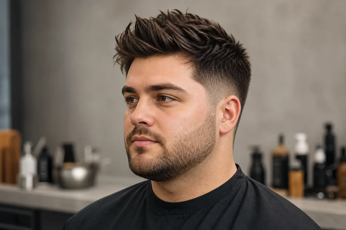 Man with a round face shape wearing a textured haircut with tapered sides