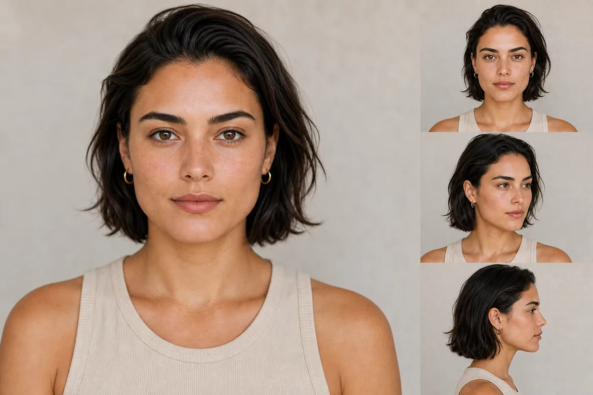 Editorial portrait showing a balanced square face shape and clear jawline