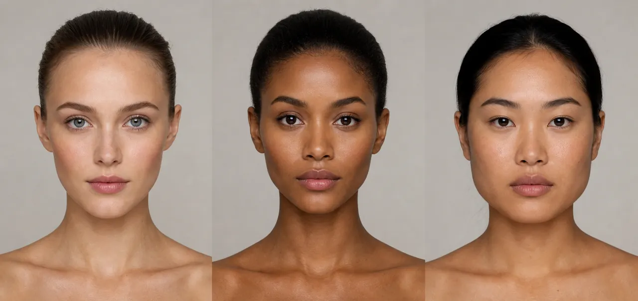 Side-by-side editorial portraits comparing heart, diamond, and triangle face proportions