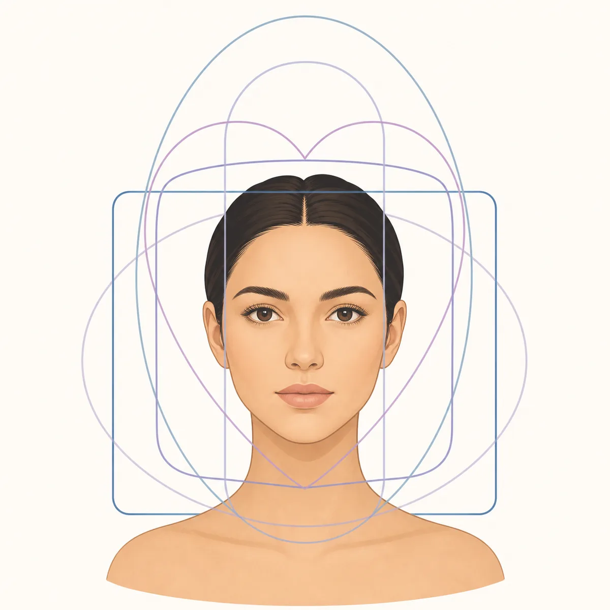 Editorial portrait illustration surrounded by several face-shape outlines