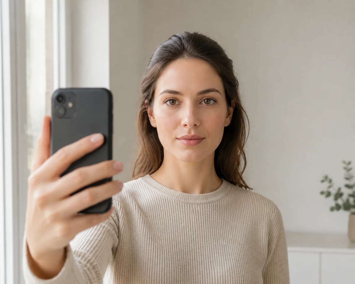 Person taking a straight-on, evenly lit portrait photo near a window